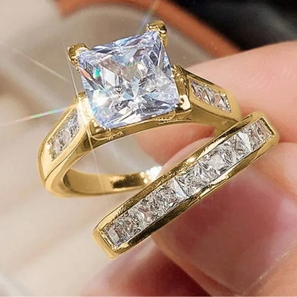 Princess Cut Moissanite Engagement and band set, 14K Yellow Gold Plated Set - Picture 1 of 11